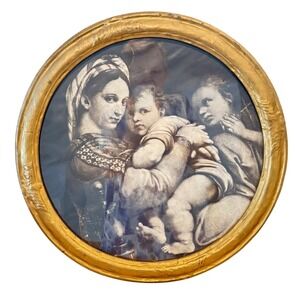 Antique Raphael Madonna della Seggiola Round Gold Framed Print 15 1/2" circular